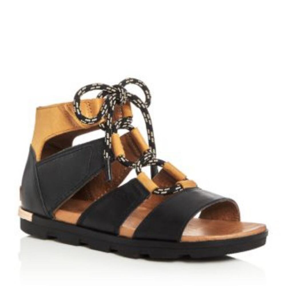 Sorel Torpeda Black Tan Leather Lace Up Open Toe Sandals Size 8.5